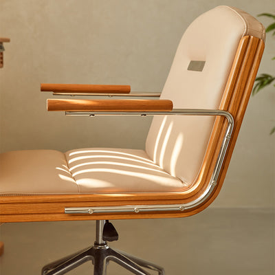 Contemporary Scandinavian Cherry Wood Stainless Steel Protein Leather Square-Arc Desk Chair With Armrest Backrest For Home Office