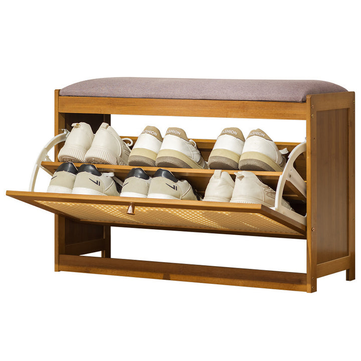 Traditional Chinese Bamboo Rattan Fabric Hollow Rectangular Shoe Bench 2-Tier For Living Room