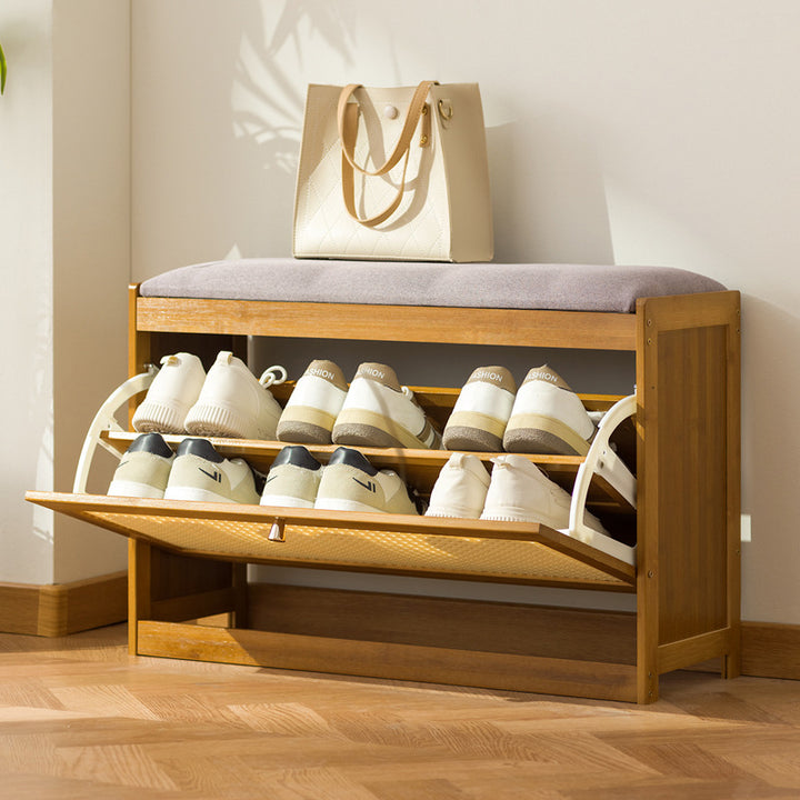 Traditional Chinese Bamboo Rattan Fabric Hollow Rectangular Shoe Bench 2-Tier For Living Room