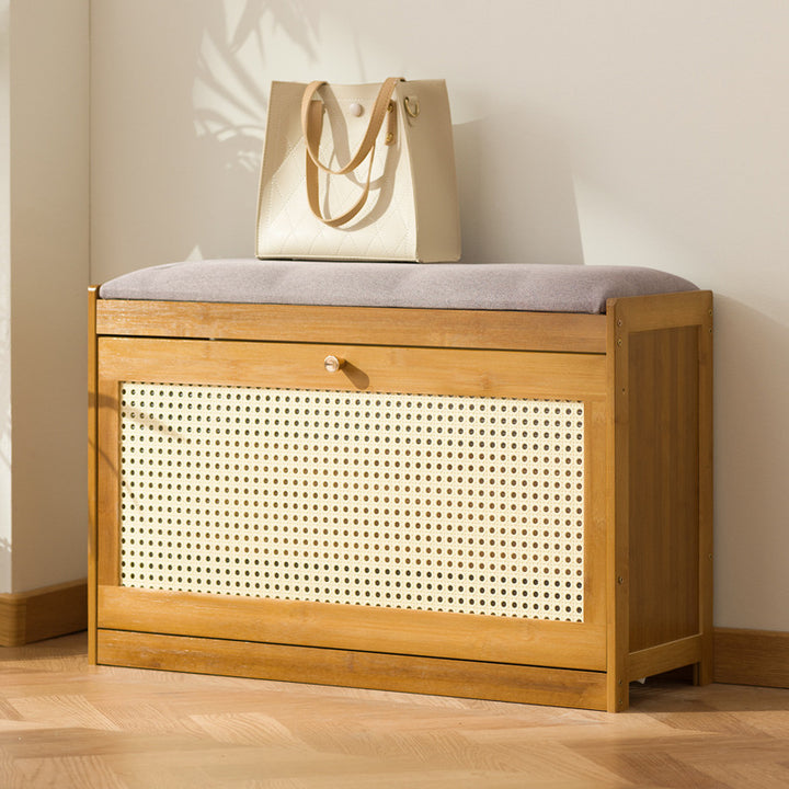 Traditional Chinese Bamboo Rattan Fabric Hollow Rectangular Shoe Bench 2-Tier For Living Room