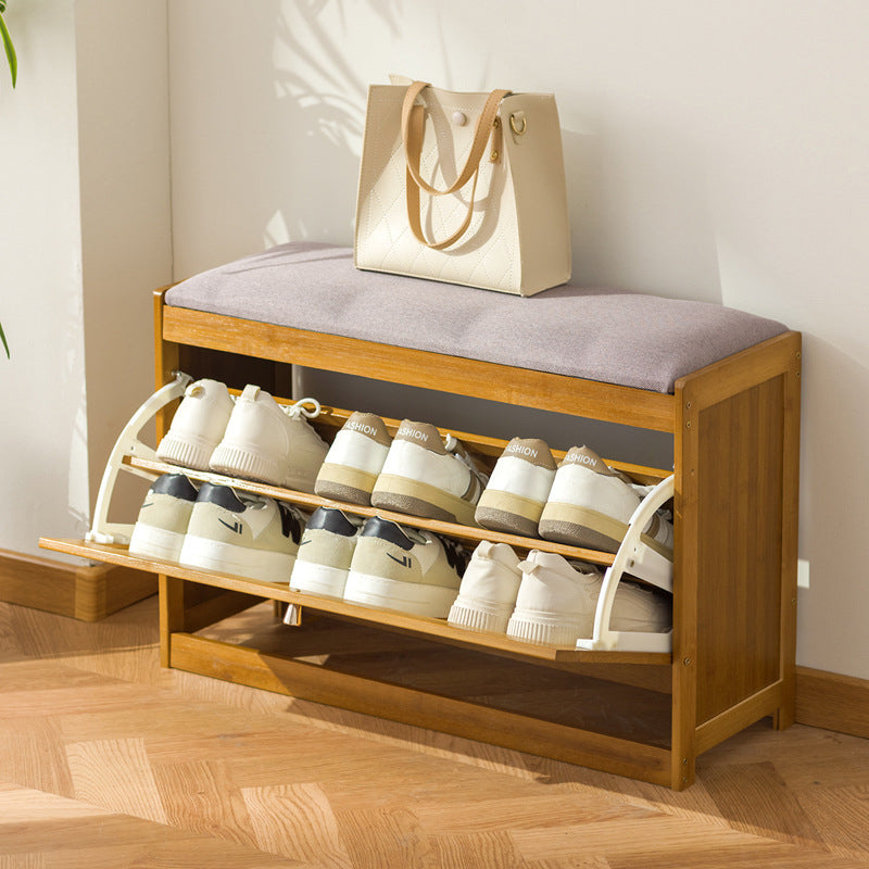 Traditional Chinese Bamboo Rattan Fabric Hollow Rectangular Shoe Bench 2-Tier For Living Room