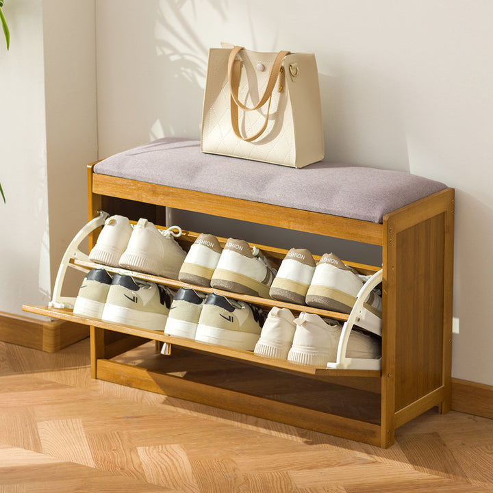 Traditional Chinese Bamboo Rattan Fabric Hollow Rectangular Shoe Bench 2-Tier For Living Room