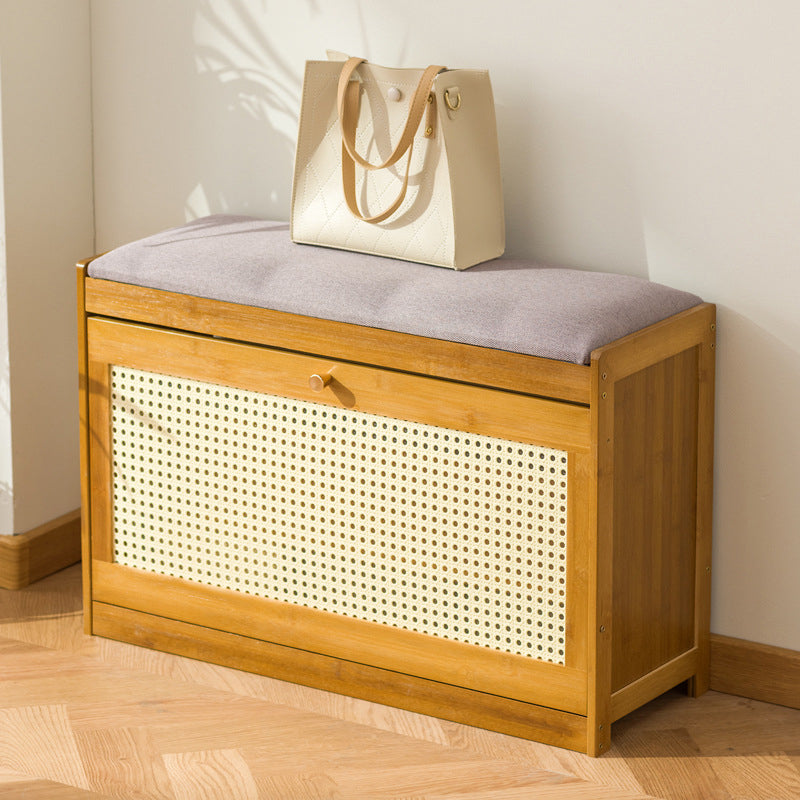 Traditional Chinese Bamboo Rattan Fabric Hollow Rectangular Shoe Bench 2-Tier For Living Room