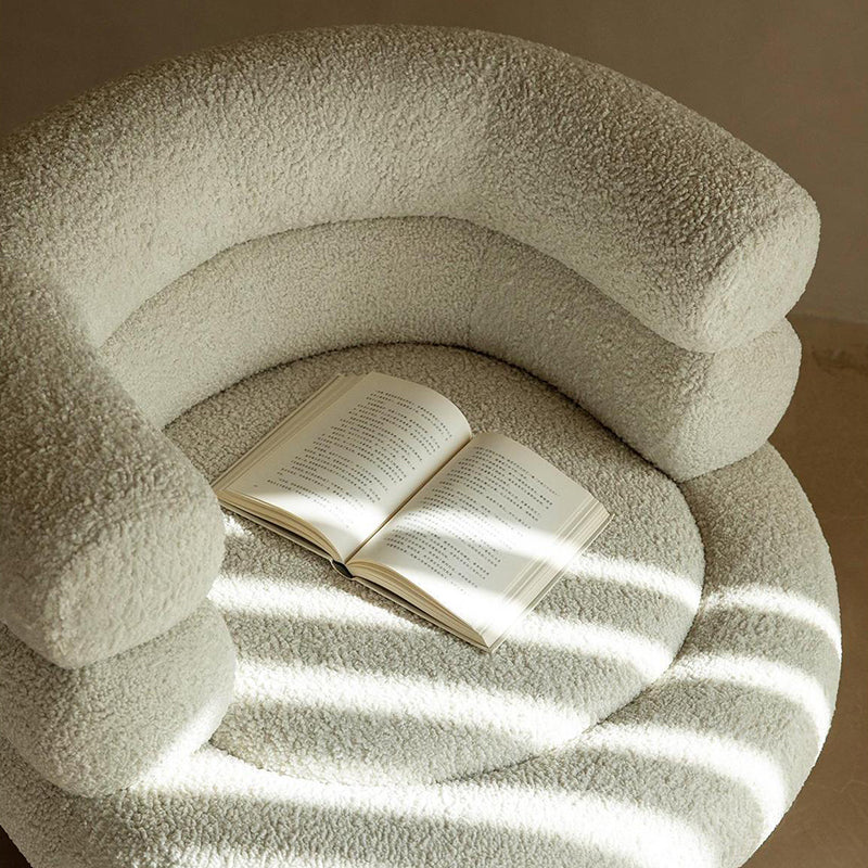 Contemporary Scandinavian Sherpa Fabric Wood Curved Cylindrical Accent Chair With Armrests &amp; Backrest For Living Room