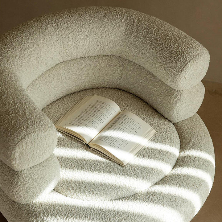 Contemporary Scandinavian Sherpa Fabric Wood Curved Cylindrical Accent Chair With Armrests &amp; Backrest For Living Room