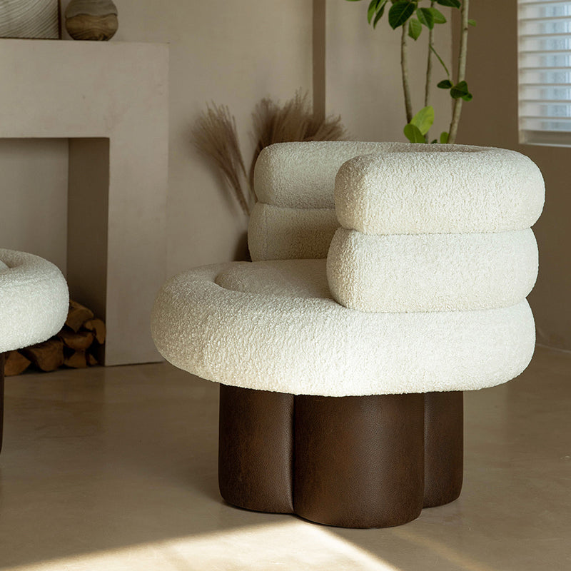 Contemporary Scandinavian Sherpa Fabric Wood Curved Cylindrical Accent Chair With Armrests &amp; Backrest For Living Room
