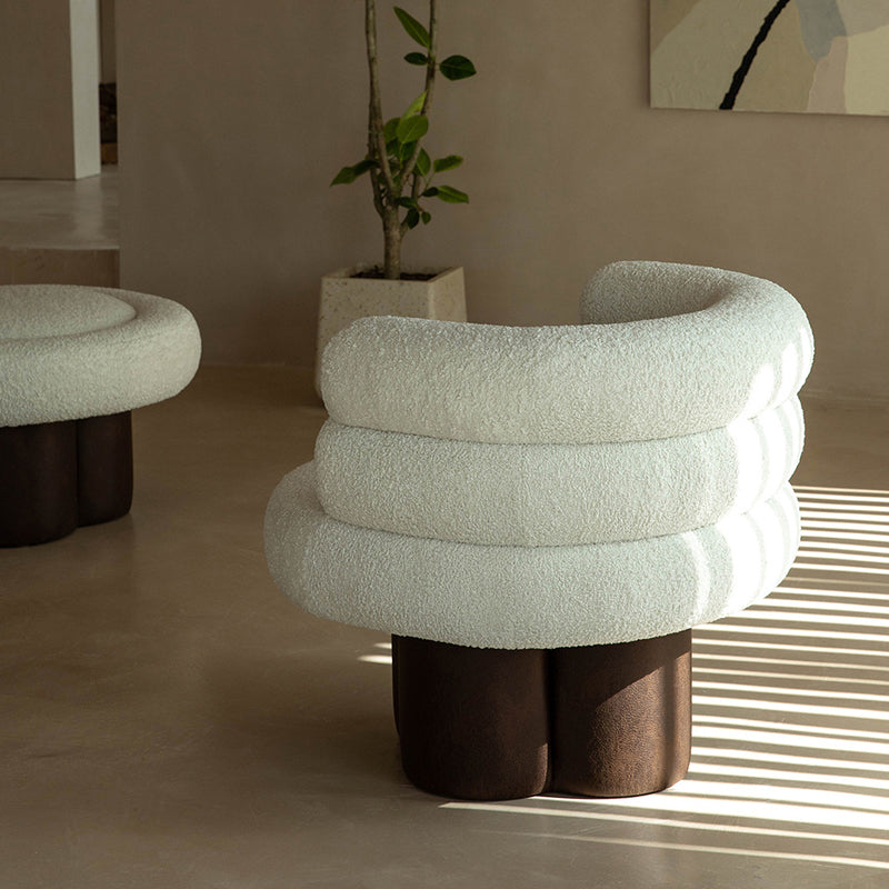 Contemporary Scandinavian Sherpa Fabric Wood Curved Cylindrical Accent Chair With Armrests &amp; Backrest For Living Room