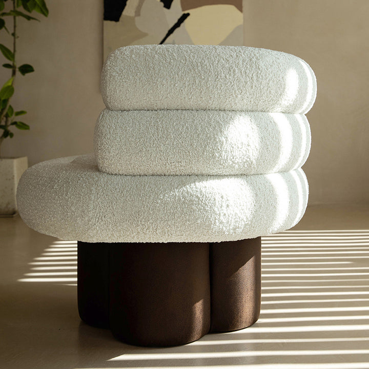 Contemporary Scandinavian Sherpa Fabric Wood Curved Cylindrical Accent Chair With Armrests &amp; Backrest For Living Room