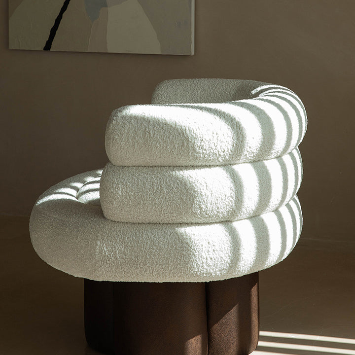 Contemporary Scandinavian Sherpa Fabric Wood Curved Cylindrical Accent Chair With Armrests &amp; Backrest For Living Room