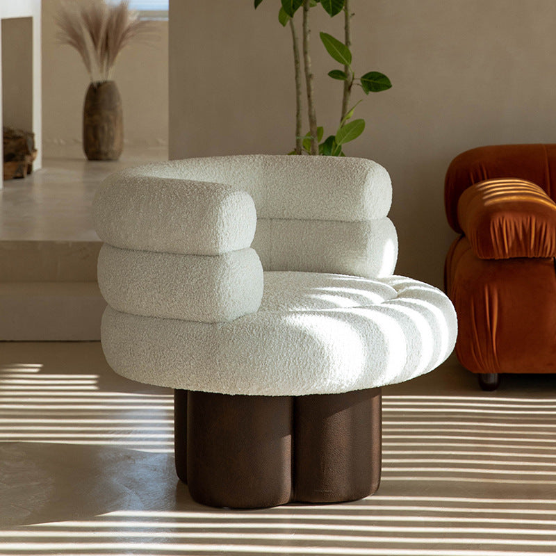 Contemporary Scandinavian Sherpa Fabric Wood Curved Cylindrical Accent Chair With Armrests &amp; Backrest For Living Room