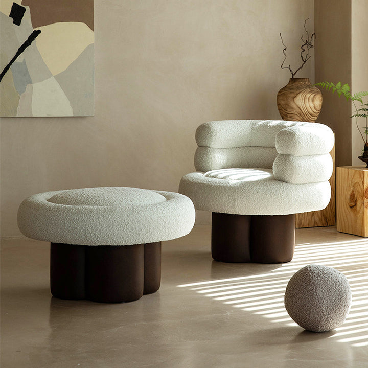 Contemporary Scandinavian Sherpa Fabric Wood Curved Cylindrical Accent Chair With Armrests &amp; Backrest For Living Room
