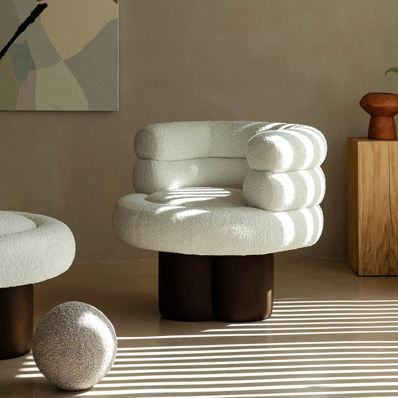 Contemporary Scandinavian Sherpa Fabric Wood Curved Cylindrical Accent Chair With Armrests &amp; Backrest For Living Room