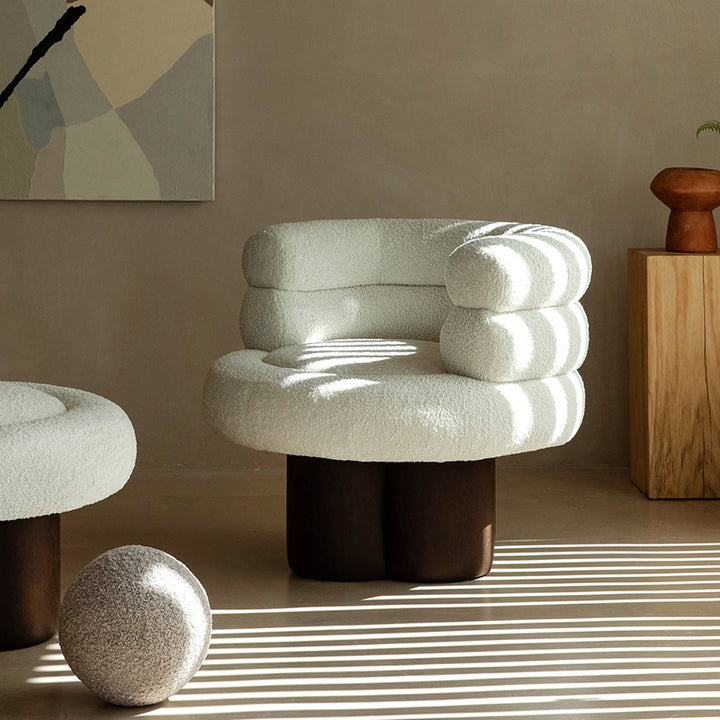 Contemporary Scandinavian Sherpa Fabric Wood Curved Cylindrical Accent Chair With Armrests &amp; Backrest For Living Room