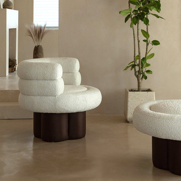 Contemporary Scandinavian Sherpa Fabric Wood Curved Cylindrical Accent Chair With Armrests &amp; Backrest For Living Room