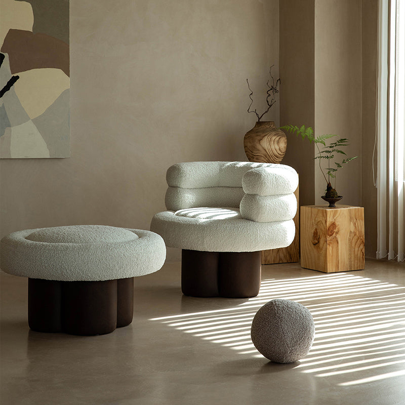 Contemporary Scandinavian Sherpa Fabric Wood Curved Cylindrical Accent Chair With Armrests &amp; Backrest For Living Room