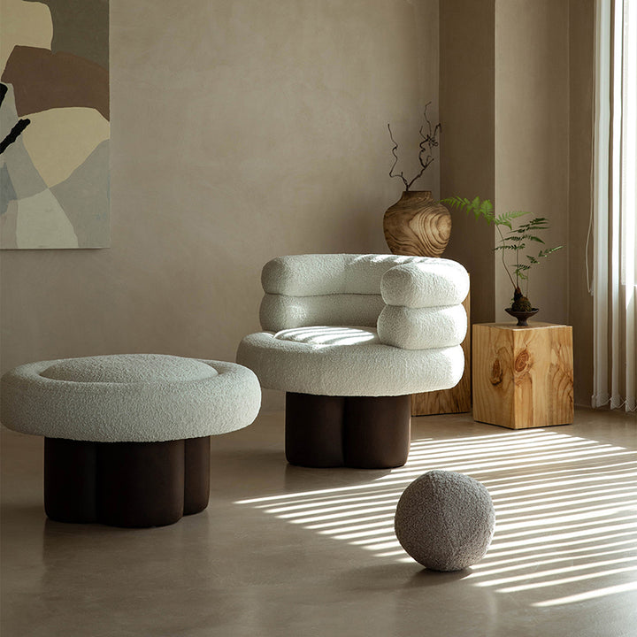 Contemporary Scandinavian Sherpa Fabric Wood Curved Cylindrical Accent Chair With Armrests &amp; Backrest For Living Room