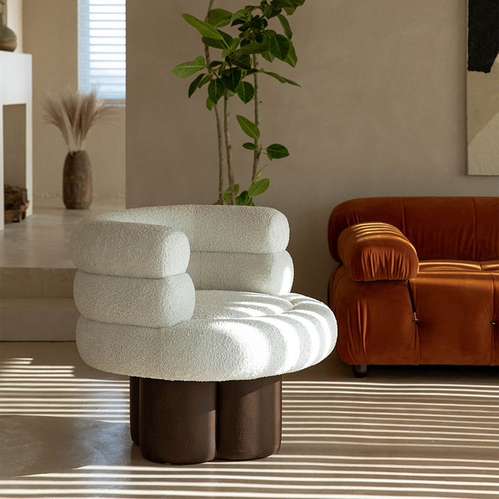 Contemporary Scandinavian Sherpa Fabric Wood Curved Cylindrical Accent Chair With Armrests & Backrest For Living Room