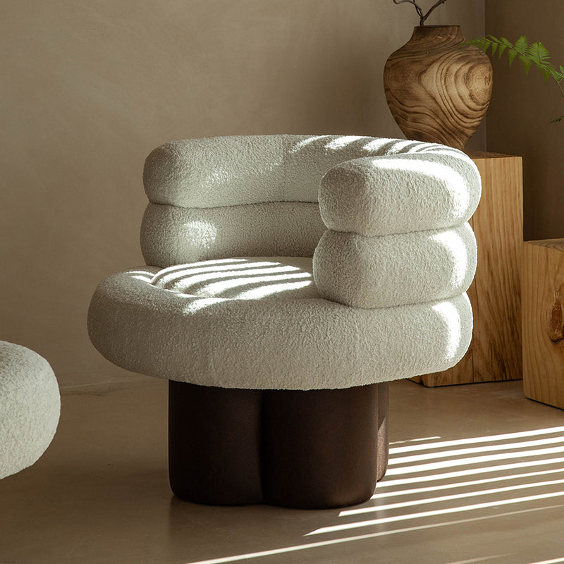 Contemporary Scandinavian Sherpa Fabric Wood Curved Cylindrical Accent Chair With Armrests &amp; Backrest For Living Room