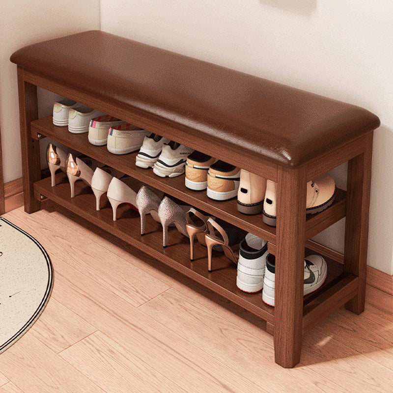Banco de Zapatos Rectangular de Madera Maciza Vintage Tradicional con Tablero de Madera de Caucho y Cuero PU de 2 Niveles para Sala de Estar 