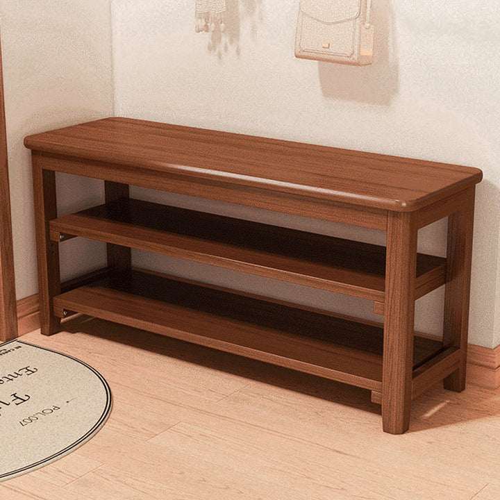 Banco de Zapatos Rectangular de Madera Maciza Vintage Tradicional con Tablero de Madera de Caucho y Cuero PU de 2 Niveles para Sala de Estar 