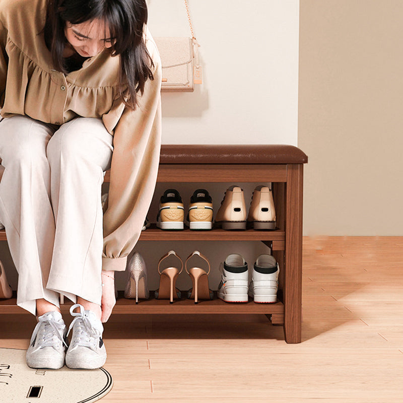 Banco de Zapatos Rectangular de Madera Maciza Vintage Tradicional con Tablero de Madera de Caucho y Cuero PU de 2 Niveles para Sala de Estar 