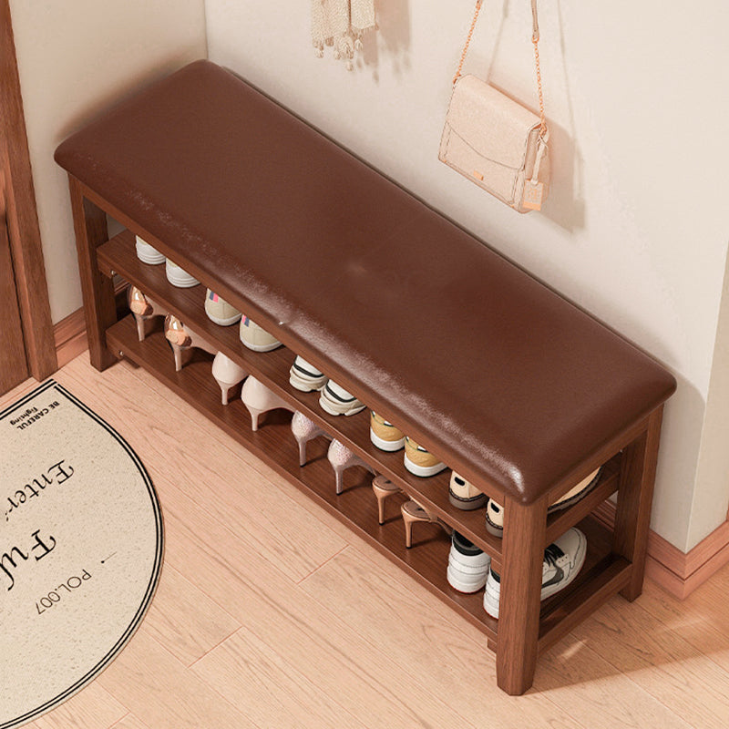 Banco de Zapatos Rectangular de Madera Maciza Vintage Tradicional con Tablero de Madera de Caucho y Cuero PU de 2 Niveles para Sala de Estar 