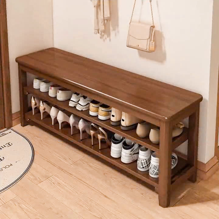 Banco de Zapatos Rectangular de Madera Maciza Vintage Tradicional con Tablero de Madera de Caucho y Cuero PU de 2 Niveles para Sala de Estar 