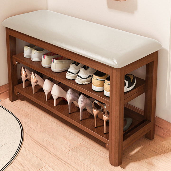 Banco de Zapatos Rectangular de Madera Maciza Vintage Tradicional con Tablero de Madera de Caucho y Cuero PU de 2 Niveles para Sala de Estar 