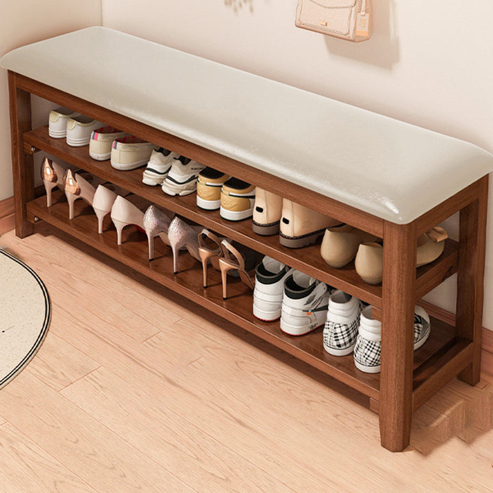 Banco de Zapatos Rectangular de Madera Maciza Vintage Tradicional con Tablero de Madera de Caucho y Cuero PU de 2 Niveles para Sala de Estar 