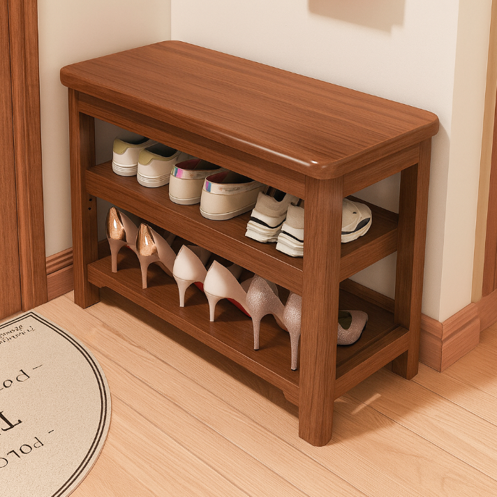 Banco de Zapatos Rectangular de Madera Maciza Vintage Tradicional con Tablero de Madera de Caucho y Cuero PU de 2 Niveles para Sala de Estar 
