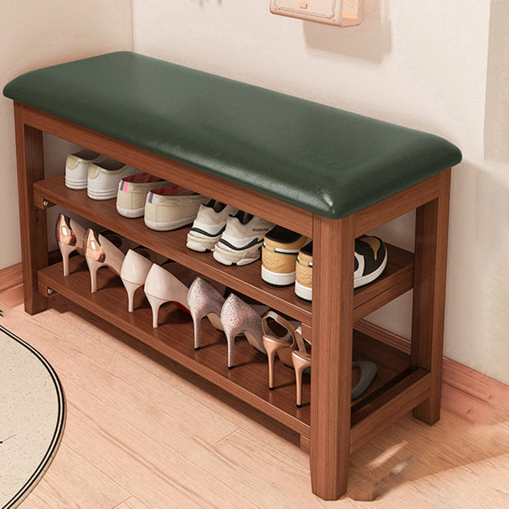 Banco de Zapatos Rectangular de Madera Maciza Vintage Tradicional con Tablero de Madera de Caucho y Cuero PU de 2 Niveles para Sala de Estar 