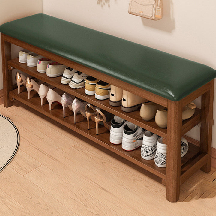 Traditionelle Vintage Massivholz Mehrschichtplatte Gummibaumholz PU-Leder Rechteckige Schuhbank 2-stufig für Wohnzimmer 