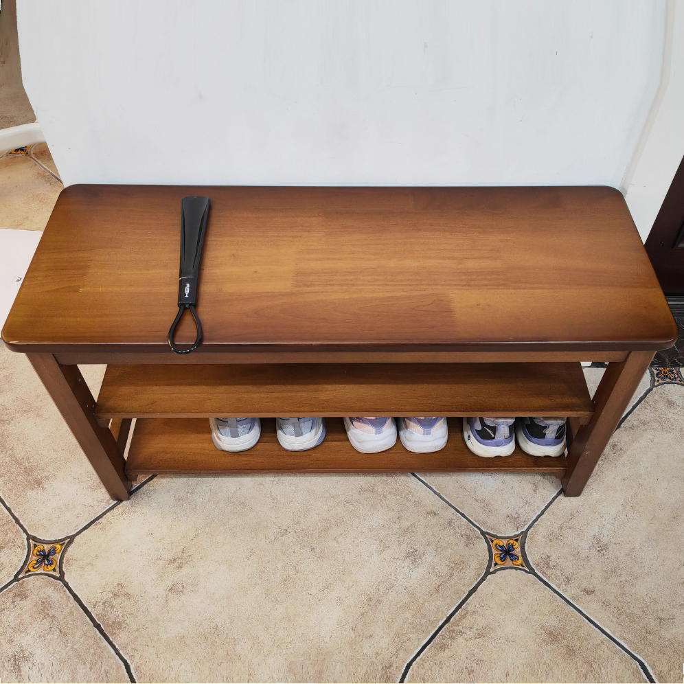 Banco de Zapatos Rectangular de Madera Maciza Vintage Tradicional con Tablero de Madera de Caucho y Cuero PU de 2 Niveles para Sala de Estar 