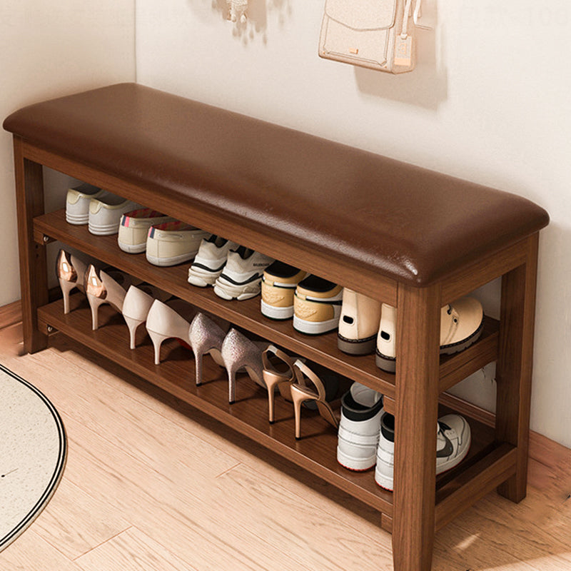 Banco de Zapatos Rectangular de Madera Maciza Vintage Tradicional con Tablero de Madera de Caucho y Cuero PU de 2 Niveles para Sala de Estar 