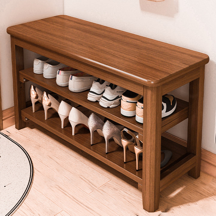 Banco de Zapatos Rectangular de Madera Maciza Vintage Tradicional con Tablero de Madera de Caucho y Cuero PU de 2 Niveles para Sala de Estar 