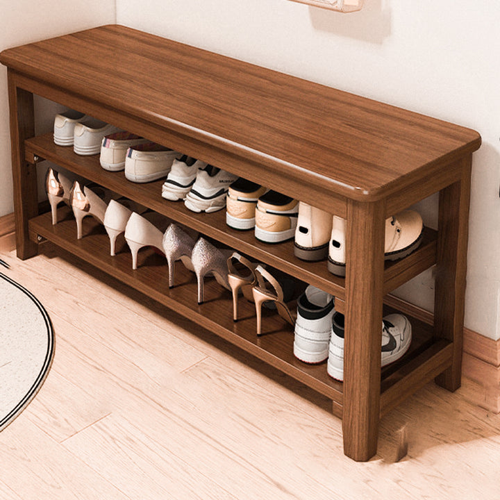 Banco de Zapatos Rectangular de Madera Maciza Vintage Tradicional con Tablero de Madera de Caucho y Cuero PU de 2 Niveles para Sala de Estar 