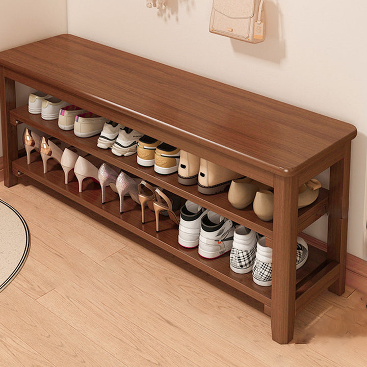 Banco de Zapatos Rectangular de Madera Maciza Vintage Tradicional con Tablero de Madera de Caucho y Cuero PU de 2 Niveles para Sala de Estar 