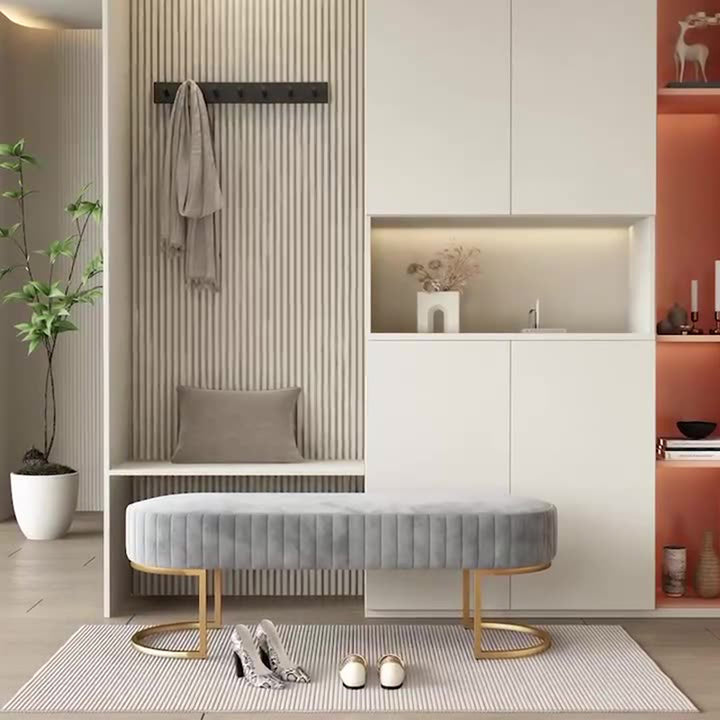 Moderner Luxus-Samt-Metall-Lang-Oval-Schuhbank für Wohnzimmer 