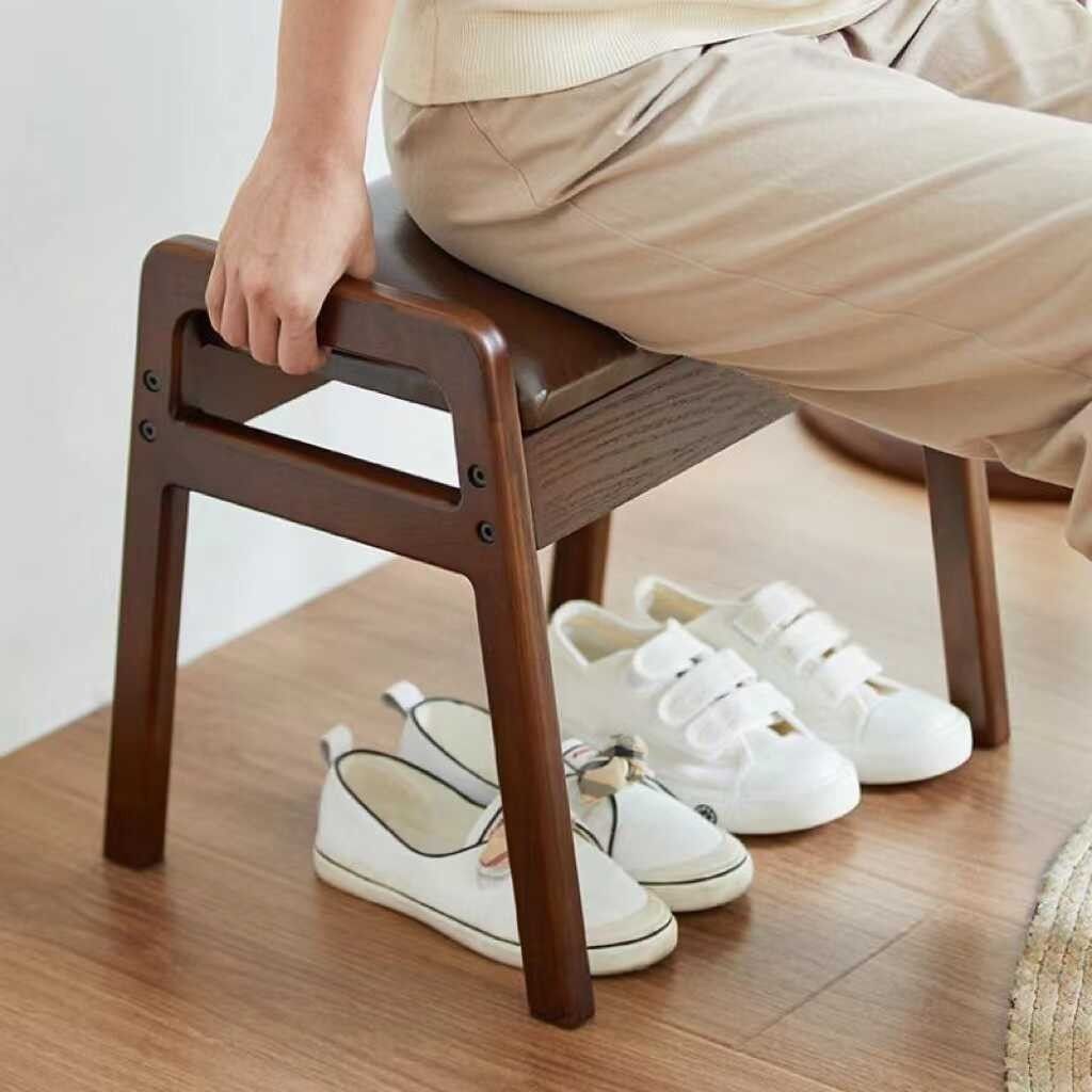 Traditional Chinese PU Leather Rubberwood Rectangular Low Stool For Living Room