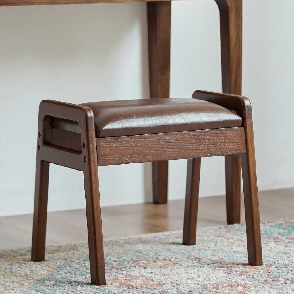 Traditional Chinese PU Leather Rubberwood Rectangular Low Stool For Living Room