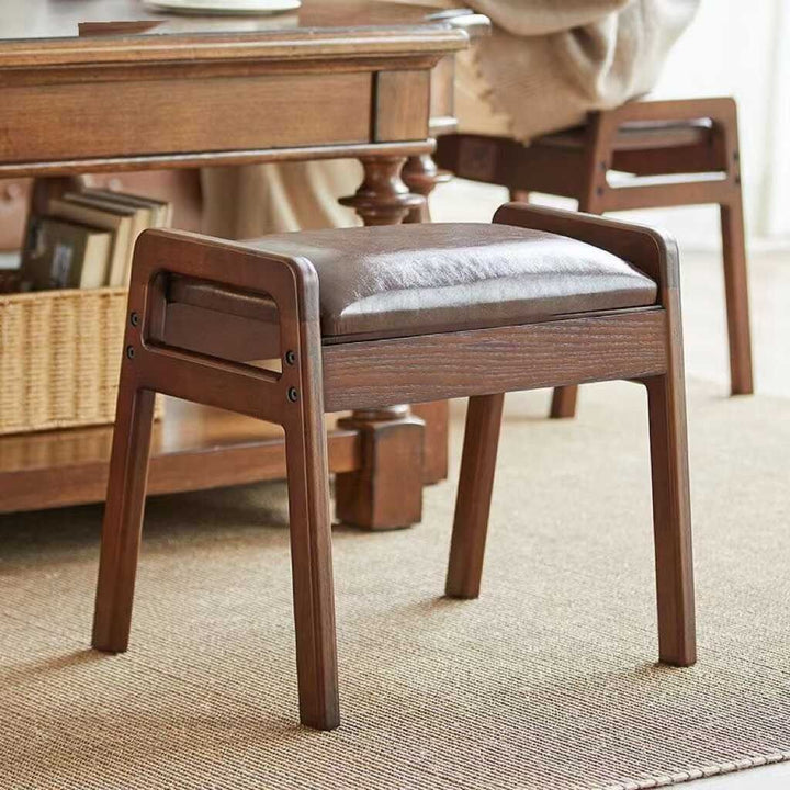 Traditional Chinese PU Leather Rubberwood Rectangular Low Stool For Living Room