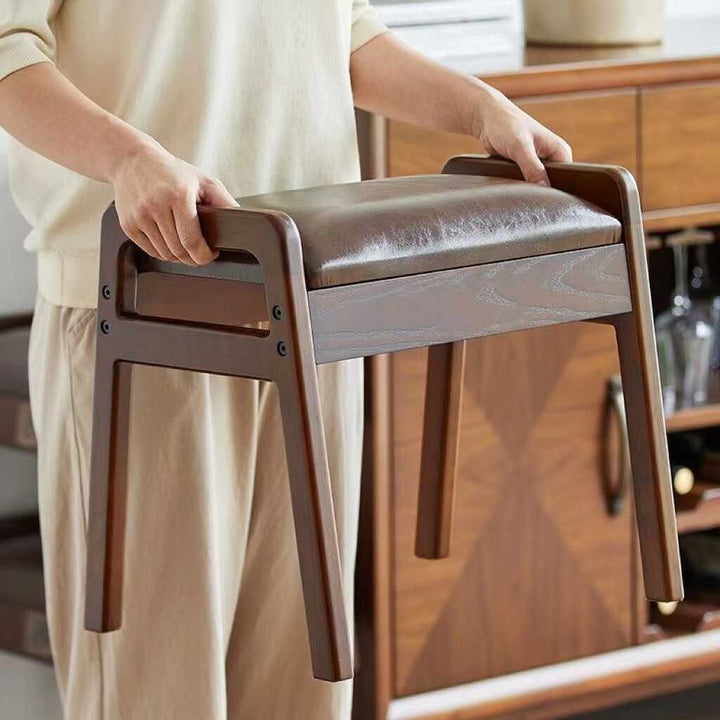 Traditional Chinese PU Leather Rubberwood Rectangular Low Stool For Living Room