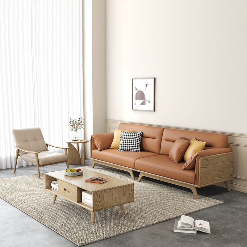 Zeitgenössisches Sofa aus Eschenholz mit Ökolederpolsterung - Rechteckiger 3/4-Sitzer Akzentstuhl für das Wohnzimmer 