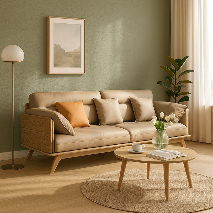 Zeitgenössisches Sofa aus Eschenholz mit Ökolederpolsterung - Rechteckiger 3/4-Sitzer Akzentstuhl für das Wohnzimmer 