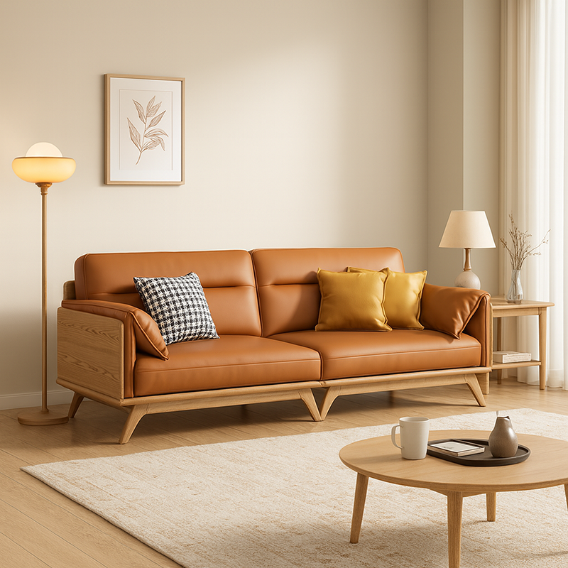 Zeitgenössisches Sofa aus Eschenholz mit Ökolederpolsterung - Rechteckiger 3/4-Sitzer Akzentstuhl für das Wohnzimmer 