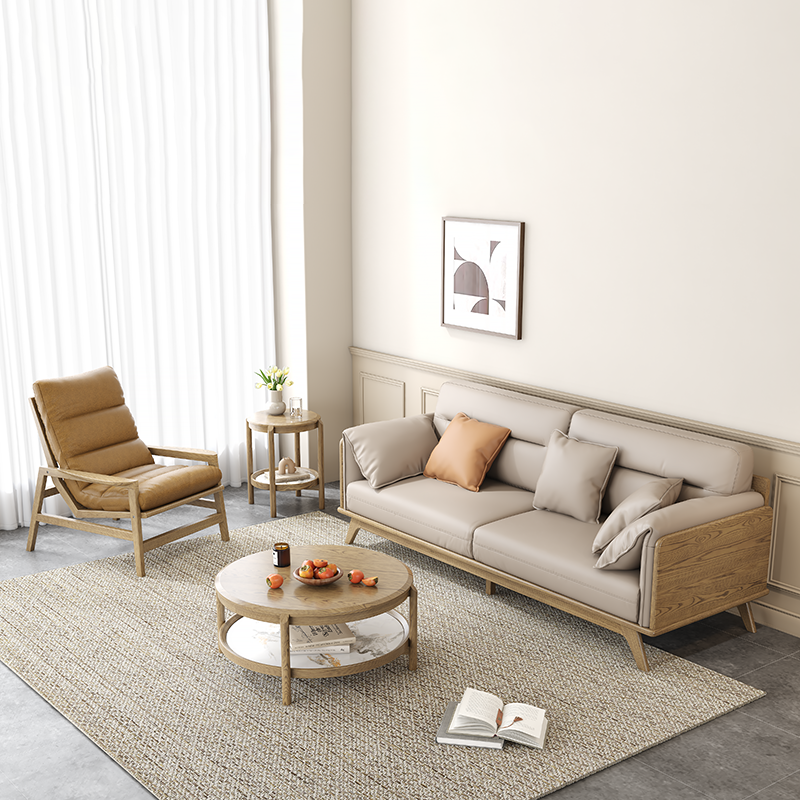 Zeitgenössisches Sofa aus Eschenholz mit Ökolederpolsterung - Rechteckiger 3/4-Sitzer Akzentstuhl für das Wohnzimmer 