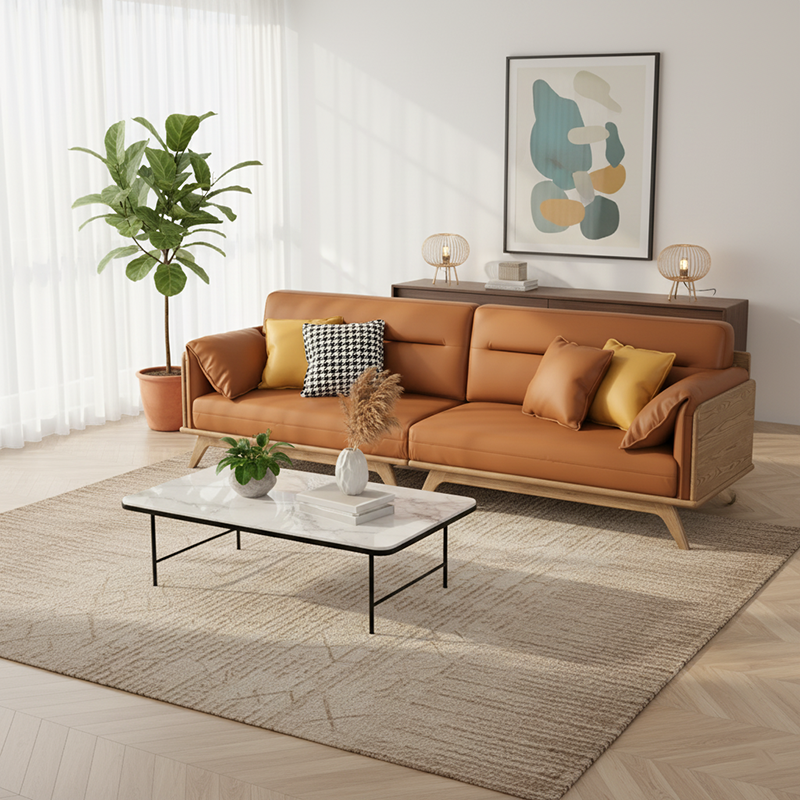 Zeitgenössisches Sofa aus Eschenholz mit Ökolederpolsterung - Rechteckiger 3/4-Sitzer Akzentstuhl für das Wohnzimmer 