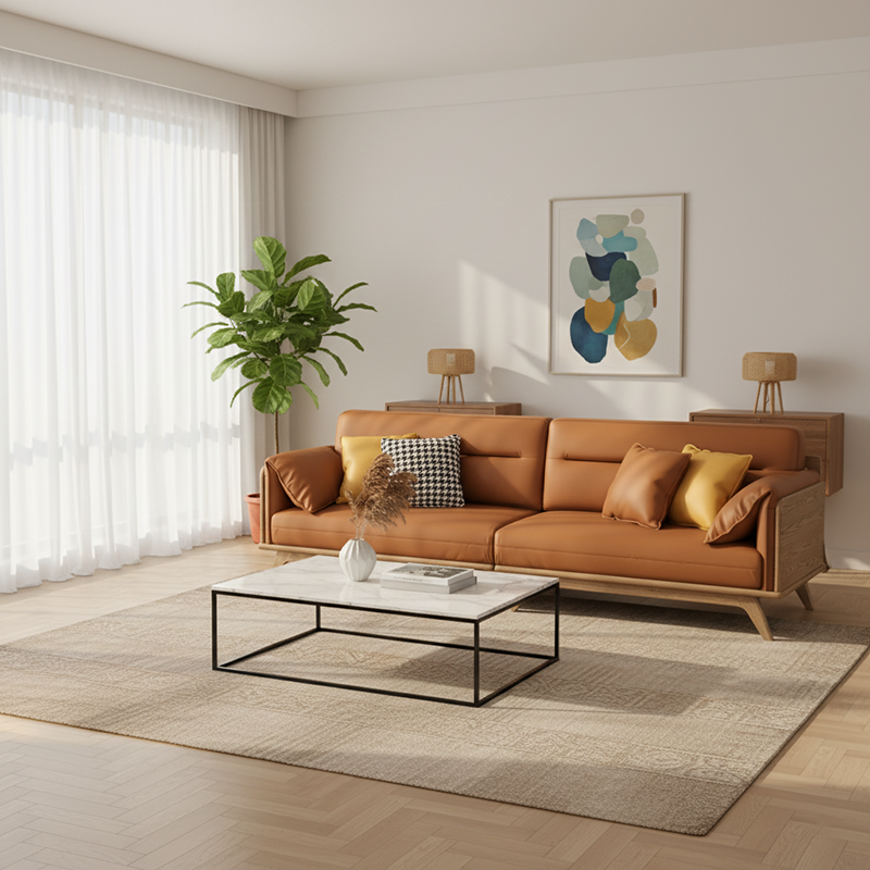 Zeitgenössisches Sofa aus Eschenholz mit Ökolederpolsterung - Rechteckiger 3/4-Sitzer Akzentstuhl für das Wohnzimmer 