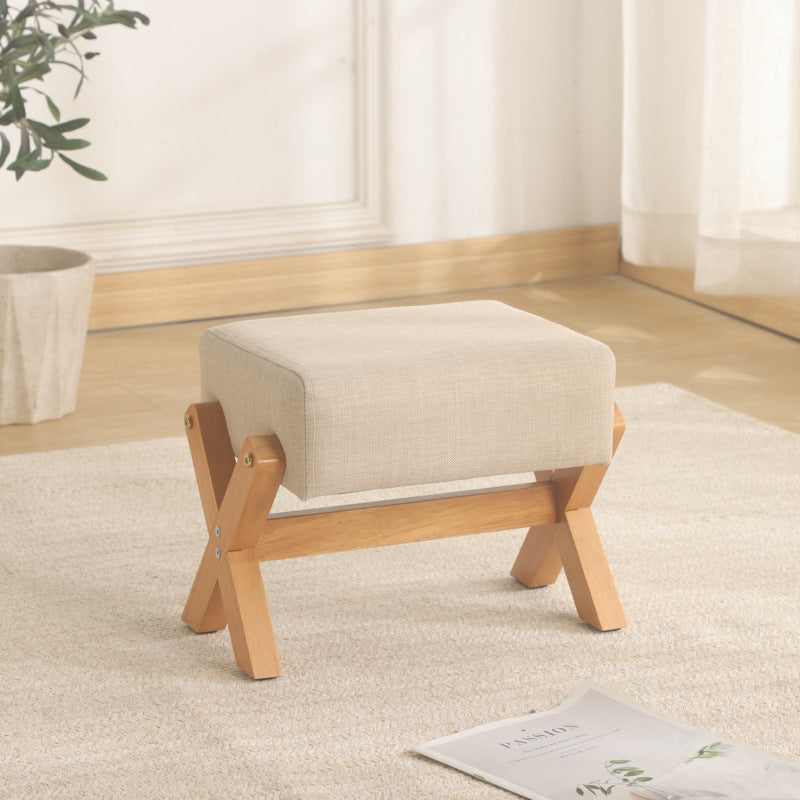 Modern Minimalist Rubberwood Linen X-Shaped Square Low Stool For Living Room