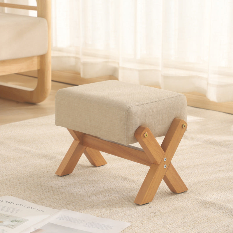 Modern Minimalist Rubberwood Linen X-Shaped Square Low Stool For Living Room